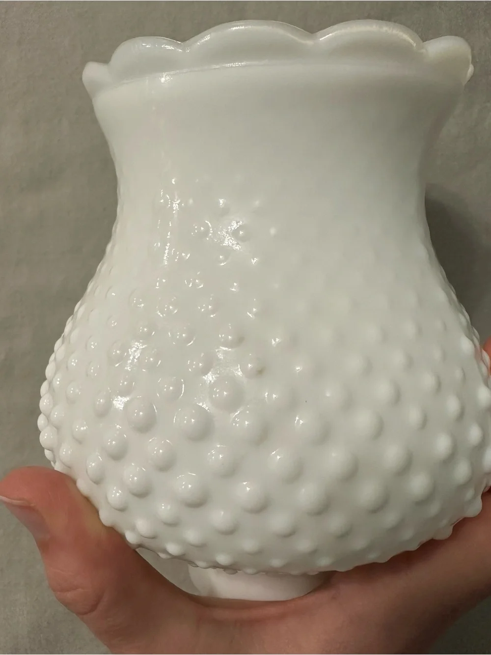 Vintage White Milk Glass Hobnail Hurricane Lamp Shade Ruffled Blue Crest